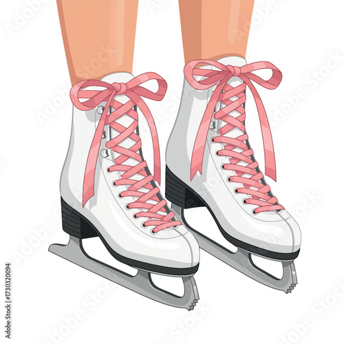 Pair of white figure skates with pink laces