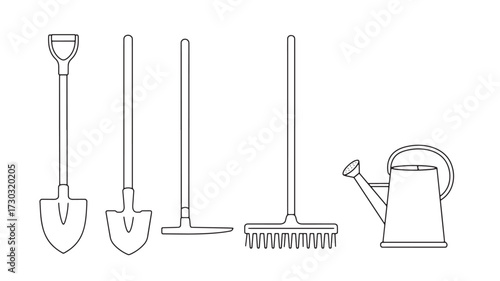 Set of gardening tools line art vector illustration of shovel rake broom and watering can 