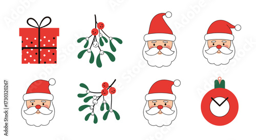 Cute illustrations of christmas elements like santa claus mistletoe and gifts.