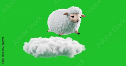 Cartoon sheep floating among fluffy clouds on green background