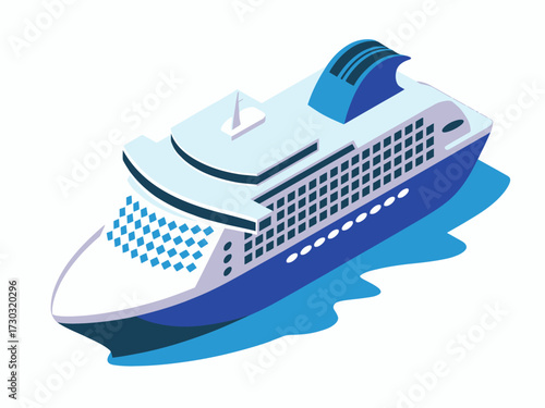 Isometric cruise ship illustration representing travel vacations and tourism industry destinations with a nautical vessel floating on blue water