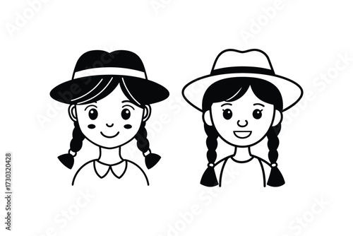Two smiling girls with hats and braids a charming black outline silhouette