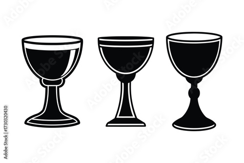 Three elegant wine goblets displayed in a stark black and white silhouette