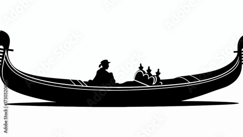 Iconic Venetian Gondola Silhouette with Gondolier and Ornate Details on a White Background Art and Culture Illustration