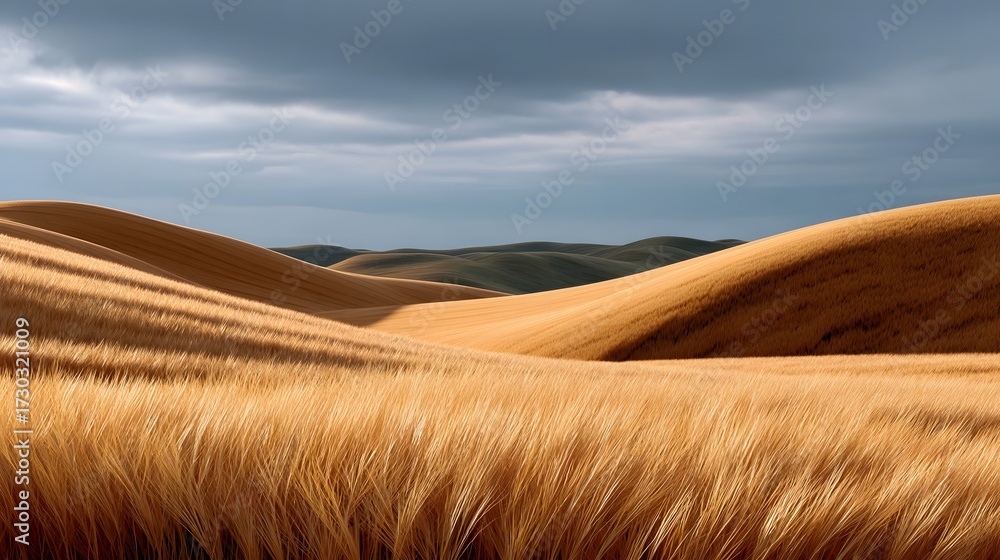 Fototapeta premium Expansive desert scene featuring a dramatic landscape of undulating golden dunes and rolling hills under a cloudy, overcast sky.