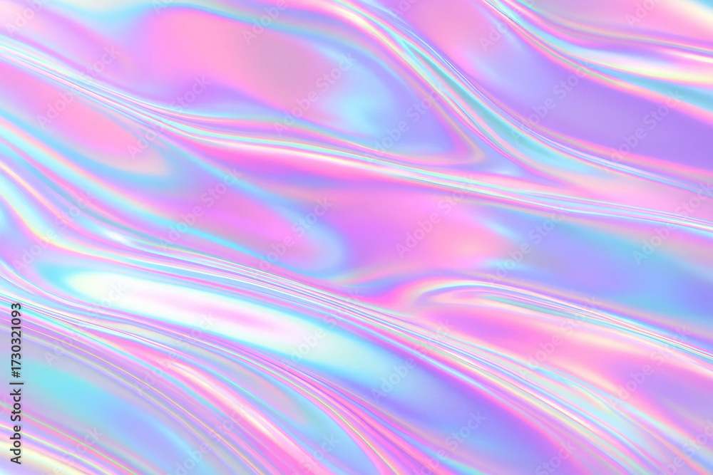 Obraz premium Iridescent holographic liquid flow background – shiny metallic rainbow liquid waves blending smoothly with glossy highlights, dreamy futuristic aesthetic wallpaper 