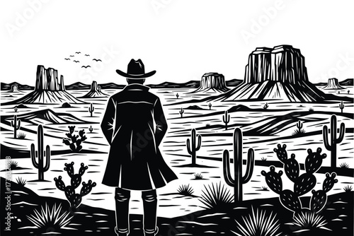 Stylized cowboy in desert landscape illustration