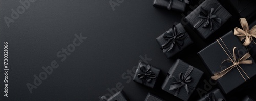 Collection of luxurious black gift boxes and one with a gold bow on a textured black back