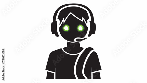 A stylized black silhouette of a person wearing a headset with glowing green eyes and a shoulder strap