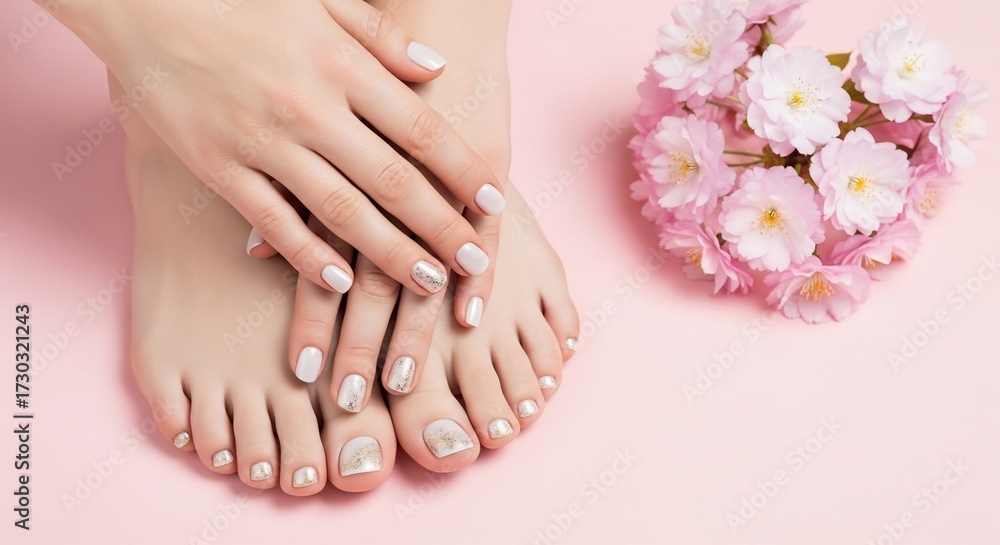 Fototapeta premium Hands and feet with manicured nails and pink flowers on a pink background in a beauty concept shot