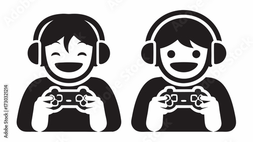Two gamers with headphones holding controllers in black and white illustration style artwork design