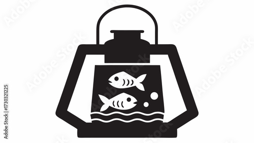 Illustration of a black lantern with two white fish swimming in water inside the lantern glass case