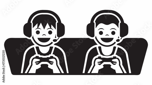 Two cartoon gamers with headsets and controllers smiling in a black and white vector illustration style
