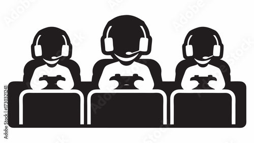 Three gamers with headsets holding controllers sitting at desks in a black and white illustration