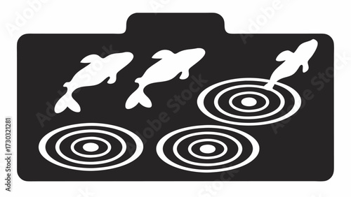 Three white koi fish jumping over water ripples in a black rectangular frame with a rounded top edge