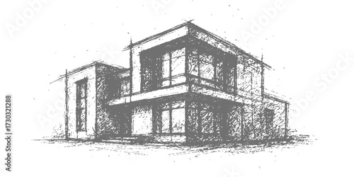 A hand-drawn black and white sketch of an old house with a tree, capturing the vintage architectural design of a winter village building
