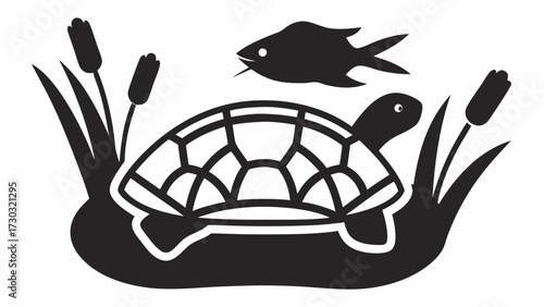 Black and white illustration of a turtle in grass with a fish above it in a simple graphic style