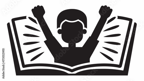 Silhouette of a person with raised fists emerging from an open book in a monochrome illustration style