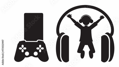 Illustration of a game controller with a phone attached and a person with headphones jumping up