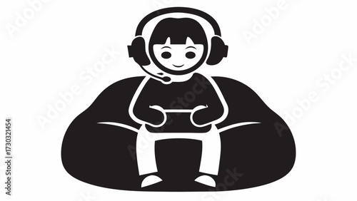 Illustration of a person sitting on a beanbag chair wearing a headset and holding a game controller