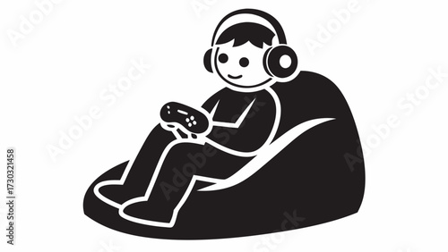 A person wearing headphones sitting in a beanbag chair and holding a video game controller in their hands