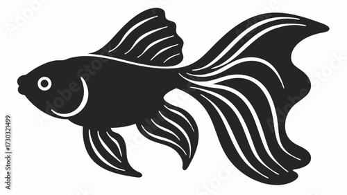Silhouette illustration of a goldfish with detailed fins and tail swimming to the left side view isolated