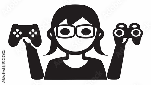 Woman with glasses holding game controllers in both hands in a black and white graphic illustration