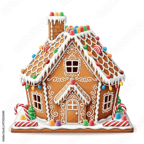 Gingerbread house decorated with icing and candy