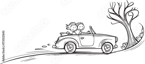 Journey of Two: A heartwarming illustration captures a couple embarking on a journey in a classic convertible. With their destination unknown, their joy and the open road evoke freedom and adventure.