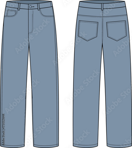 Flat vector illustration of straight fit blue jeans with belt loops, five pockets, button closure, back patch pockets, cad sketch