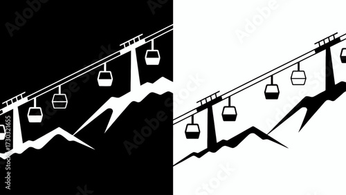 Monochrome Ski Resort Gondola Lift Over Mountain Peaks Graphic Illustration for Winter Sports and Outdoor Activities Promotion