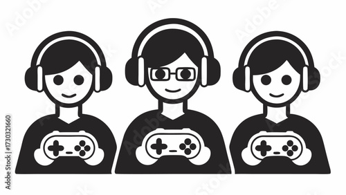 Three gamers wearing headphones and holding controllers in a black and white vector illustration