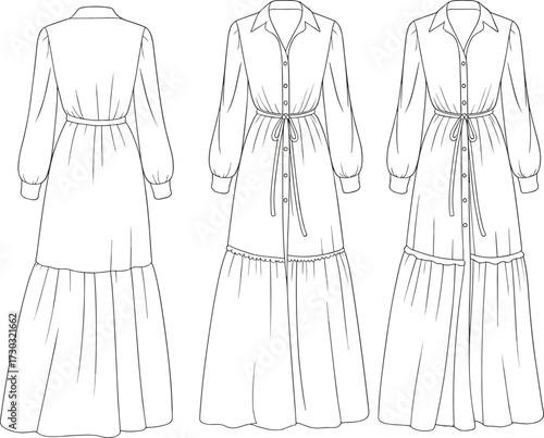 Flat vector CAD sketch of long tiered button-front dress with puff sleeves and drawstring waist, front and back fashion illustration.