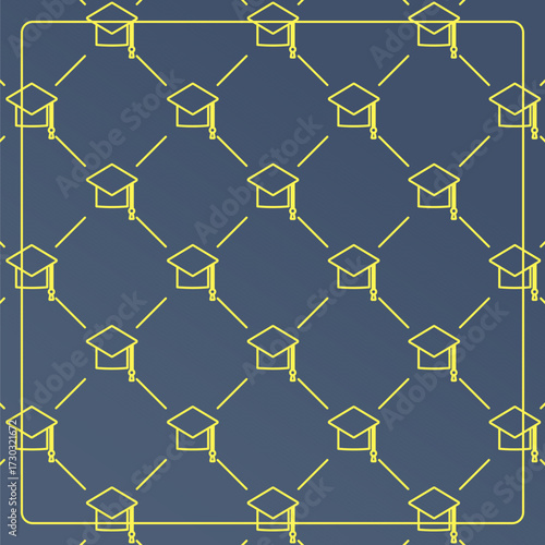 Seamless pattern on a blue background with graduation cap icons. Line design for posters, social media, and banner templates.