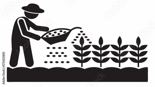 A farmer with a hat sowing seeds in a field with plants in a black and white vector illustration