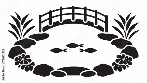 Silhouette of a pond with a bridge fish rocks flowers and plants in a simple black and white design