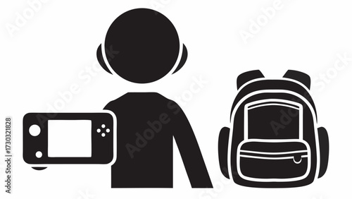 Silhouette of person holding a handheld game console next to a backpack with white outline design