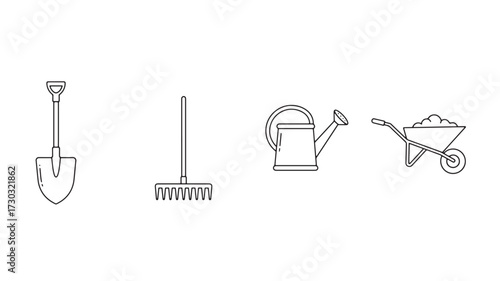 Gardening tools line icons shovel rake watering can and wheelbarrow vector illustration fo
