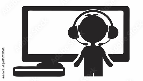 Illustration of a person wearing a headset standing in front of a computer monitor in black and white