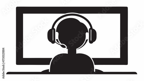 Silhouette of person wearing headset in front of computer screen in black and white simple illustration