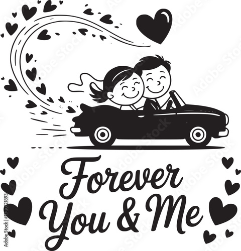 Romantic Getaway: A charming couple in a classic convertible, their hearts entwined as they embark on a whimsical journey together, leaving a trail of love and happiness in their wake.