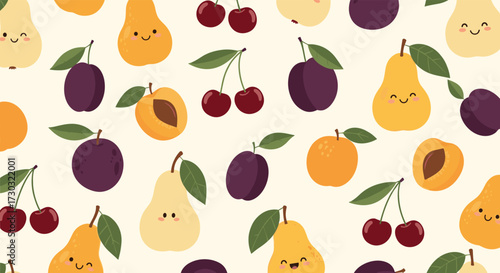 A delightful pattern featuring a variety of happy cartoon fruits in cheerful colors.