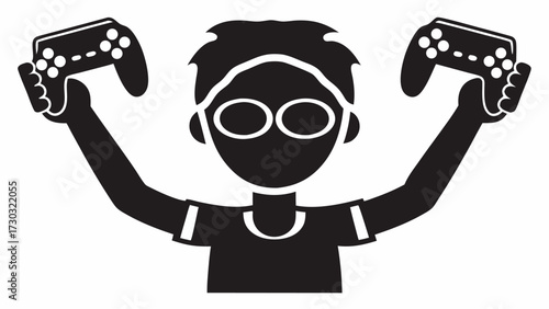 A person with glasses holding two game controllers up in the air in a black and white vector image