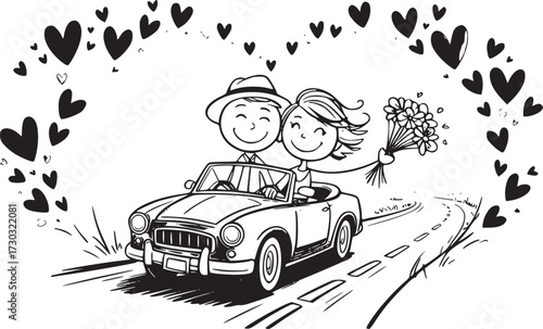 Love on the Road: A joyful couple in a vintage car, surrounded by hearts, symbolizing the beginning of their romantic journey and shared adventures. 