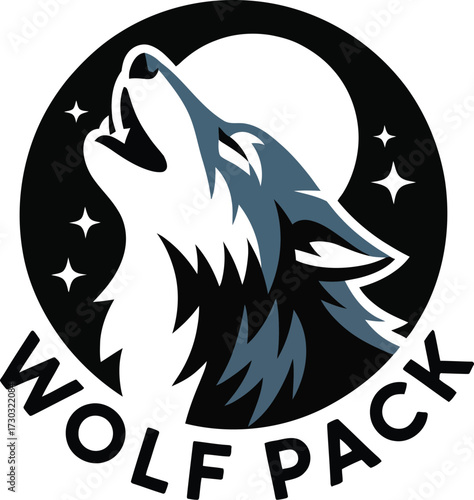 Striking Wolf Pack Logo Design Featuring Howling Wolf Silhouette and Starry Night Aesthetic Suitable for Team Emblem or Brand Identity Creation