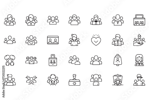 Collection of simple line art icons representing people, groups, and social interactions, isolated on Transparent background world kindness day design