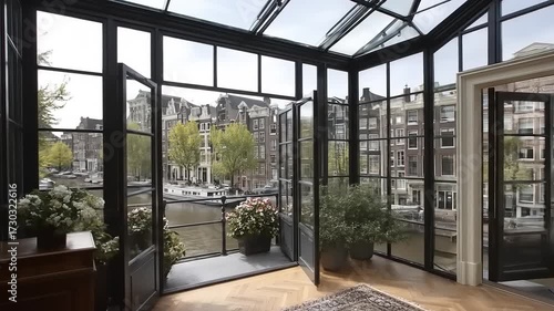 A sun-drenched room with expansive canal views.