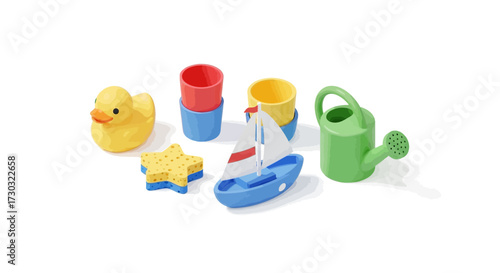 Assortment of Colorful Bath Toys for Children on a White Background