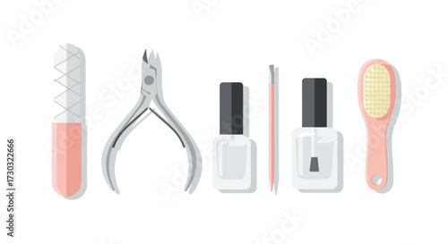 Assortment of manicure tools set on white background. Nail care essentials