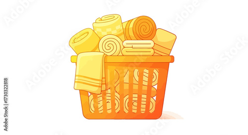 Cheerful orange laundry basket brimming with neatly arranged yellow towels